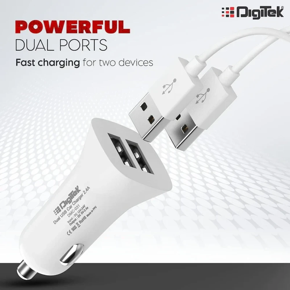 Digitek® (DMC 031) Dual USB Fast Car Charger 2.4A, High-Speed Car Adapter with Multi Protection Compatible with Cars for iPhone & Android Smartphone, PowerBank, Smartwatch, Headphone
