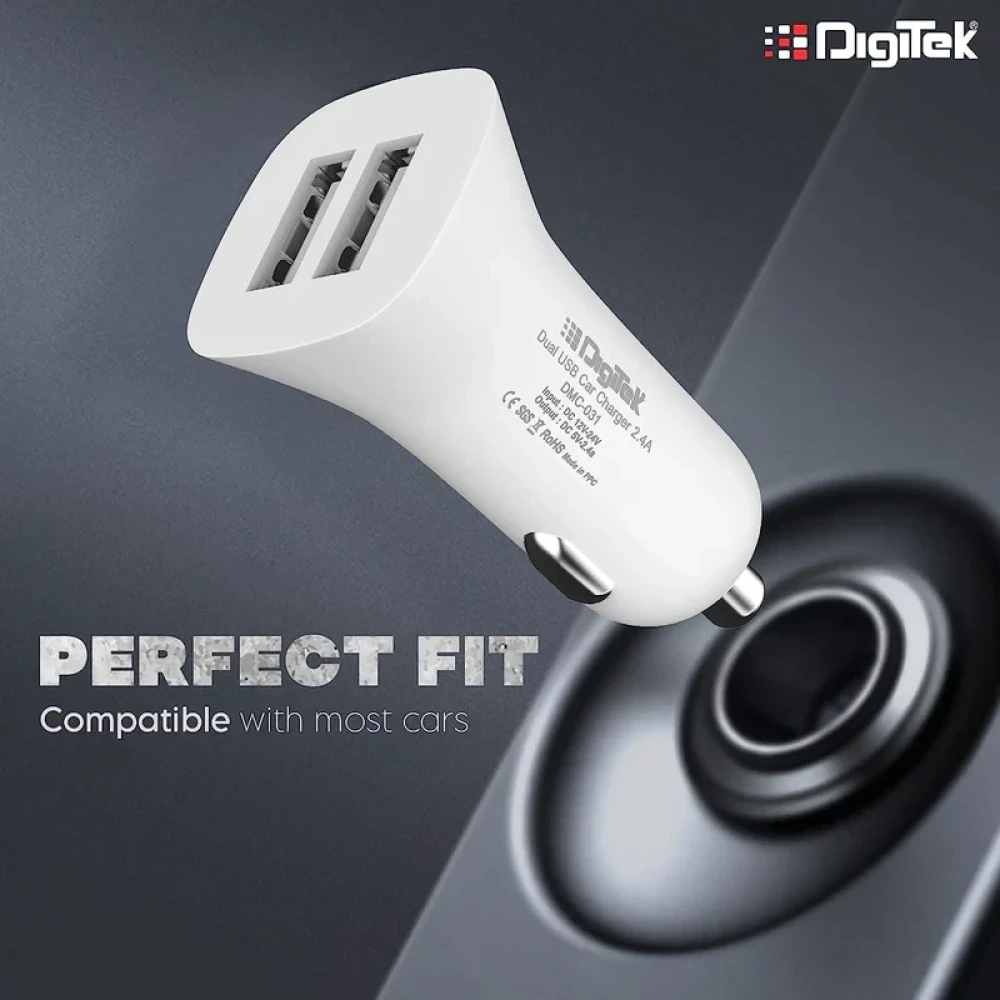 Digitek® (DMC 031) Dual USB Fast Car Charger 2.4A, High-Speed Car Adapter with Multi Protection Compatible with Cars for iPhone & Android Smartphone, PowerBank, Smartwatch, Headphone