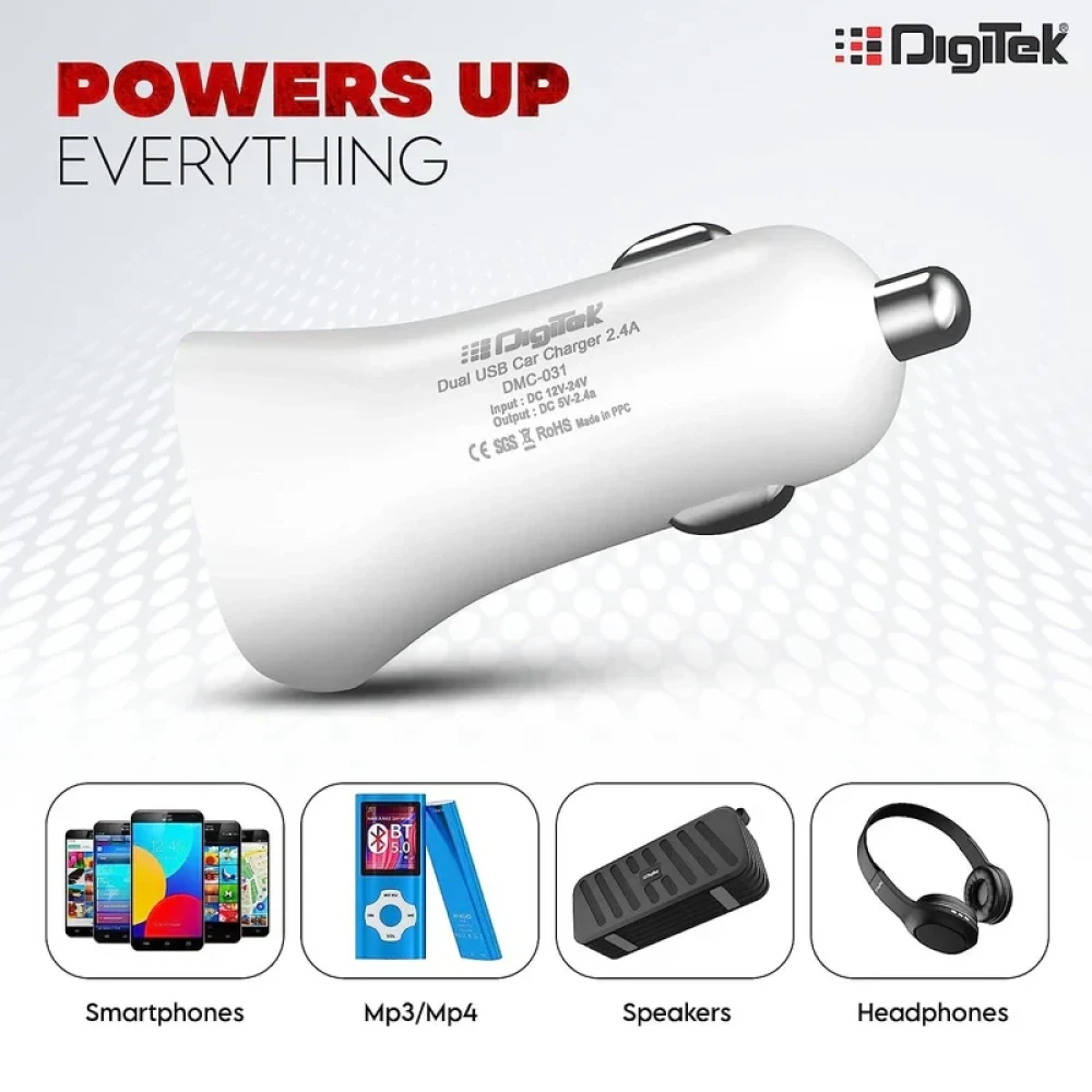 Digitek® (DMC 031) Dual USB Fast Car Charger 2.4A, High-Speed Car Adapter with Multi Protection Compatible with Cars for iPhone & Android Smartphone, PowerBank, Smartwatch, Headphone