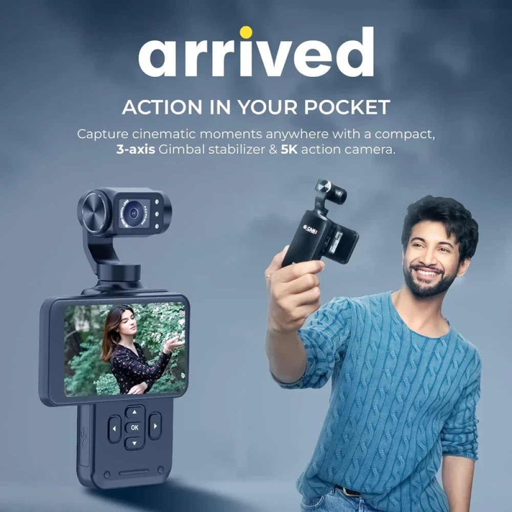 Digitek® (DAC 202) 5K 3-Axis Handheld Action Camera with AI Face Tracking, 3.5” Rotating Screen, 48MP Sensor, Wi-Fi, Night Vision & External Mic Support