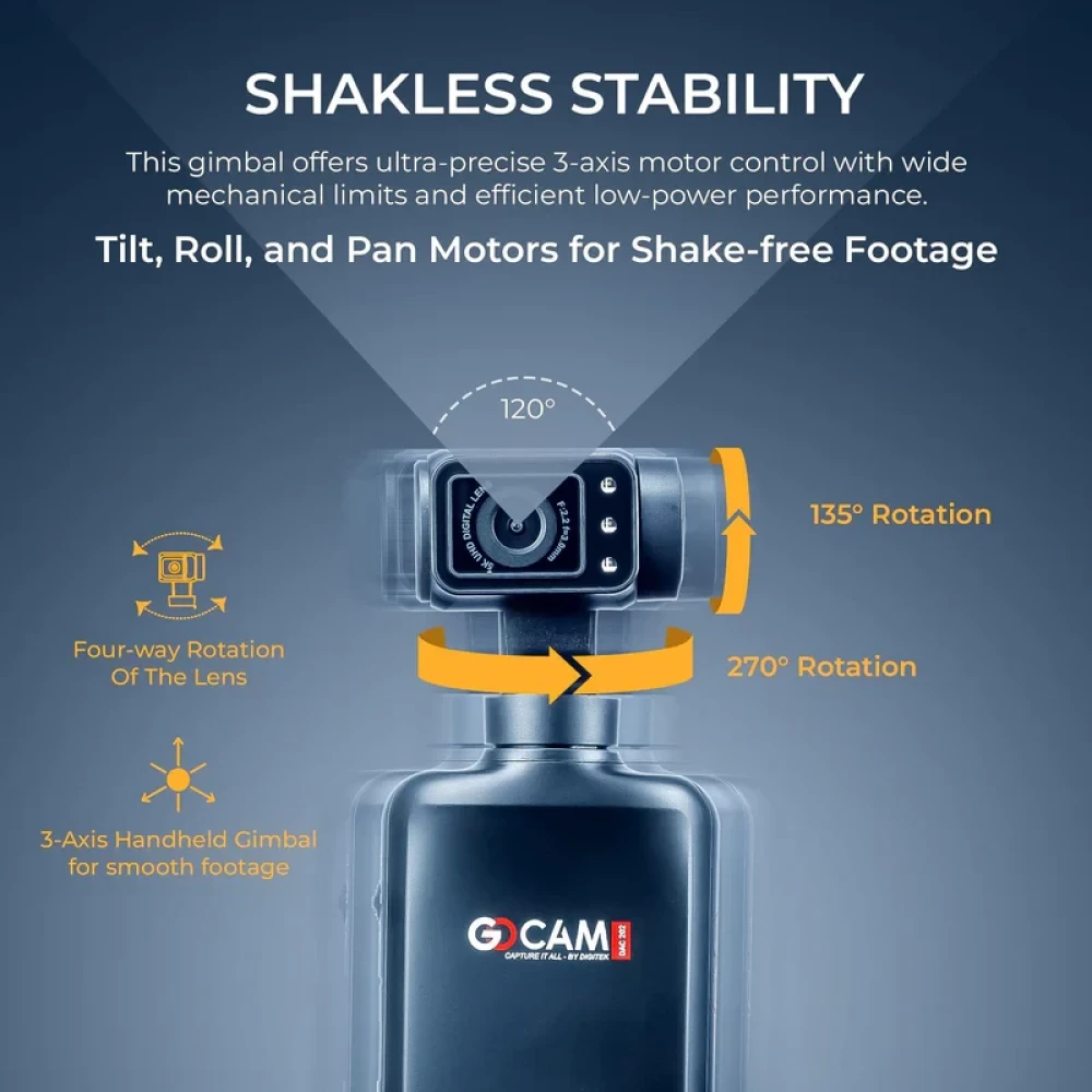 Digitek® (DAC 202) 5K 3-Axis Handheld Action Camera with AI Face Tracking, 3.5” Rotating Screen, 48MP Sensor, Wi-Fi, Night Vision & External Mic Support