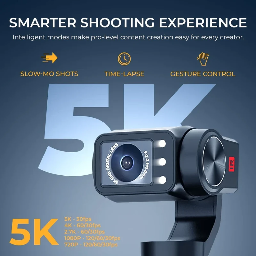 Digitek® (DAC 202) 5K 3-Axis Handheld Action Camera with AI Face Tracking, 3.5” Rotating Screen, 48MP Sensor, Wi-Fi, Night Vision & External Mic Support