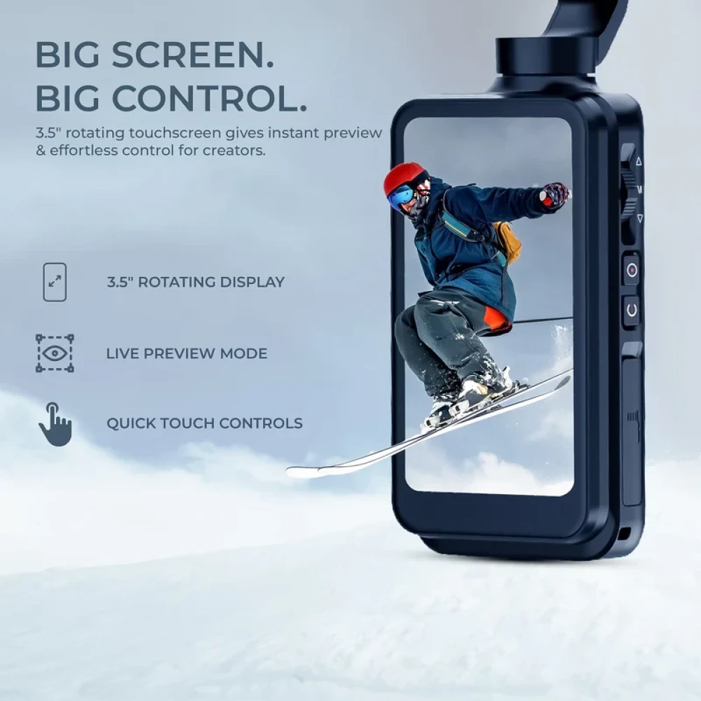 Digitek® (DAC 202) 5K 3-Axis Handheld Action Camera with AI Face Tracking, 3.5” Rotating Screen, 48MP Sensor, Wi-Fi, Night Vision & External Mic Support