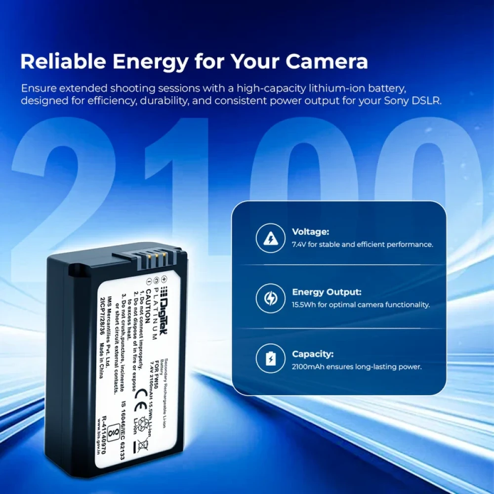 Digitek® (Platinum FW-50) Platinum Lithium-ion Rechargeable Battery for Sony DSLR Camera | Compatibility - Alpha NEX-3, 5, 6 and 7 Series Cameras, DSLR-SLT-A33, DSLR-SLT-A55