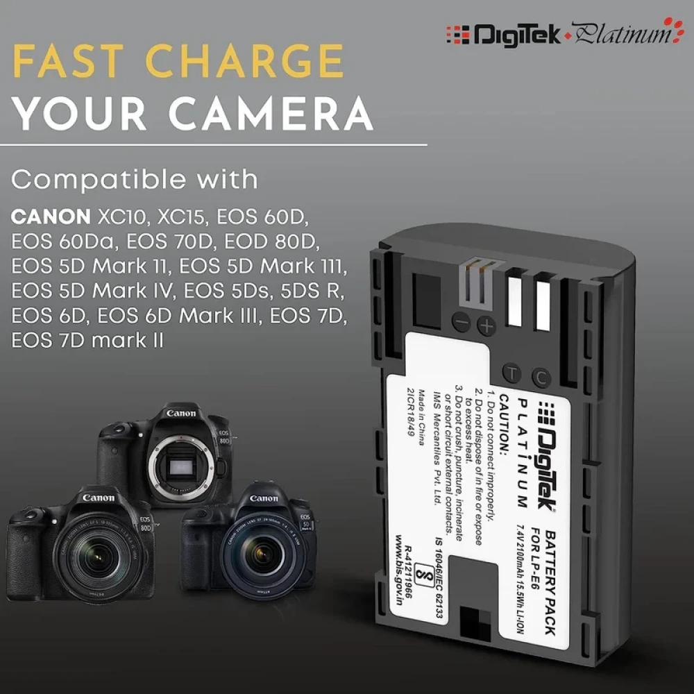Digitek® (LP-E6 Platinum) 2100mAh Rechargeable Lithium-ion Battery for Canon DSLR Camera | Compatibility - EOS SD Mark III, Mark II, EOS 7D, EOS 6D, 60D, 70D
