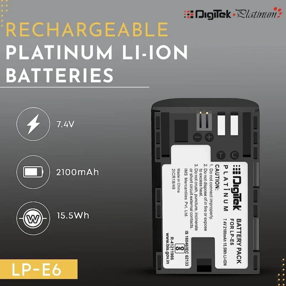 Digitek® (LP-E6 Platinum) 2100mAh Rechargeable Lithium-ion Battery for Canon DSLR Camera | Compatibility - EOS SD Mark III, Mark II, EOS 7D, EOS 6D, 60D, 70D