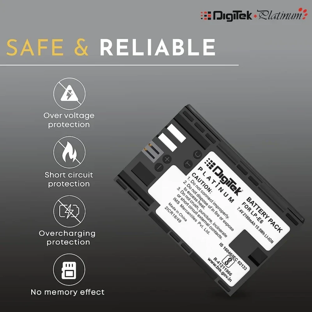 Digitek® (LP-E6 Platinum) 2100mAh Rechargeable Lithium-ion Battery for Canon DSLR Camera | Compatibility - EOS SD Mark III, Mark II, EOS 7D, EOS 6D, 60D, 70D