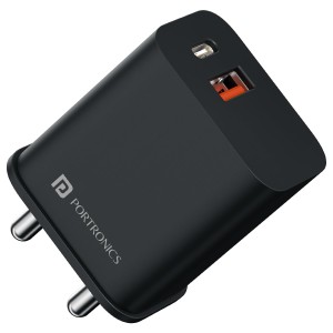 Portronics Adapto 20B 20W Dual Port Fast Charger (USB-C PD + USB-A) | Type-C PD Wall Adapter for iPhone, Samsung, OnePlus & Android-(Black)
