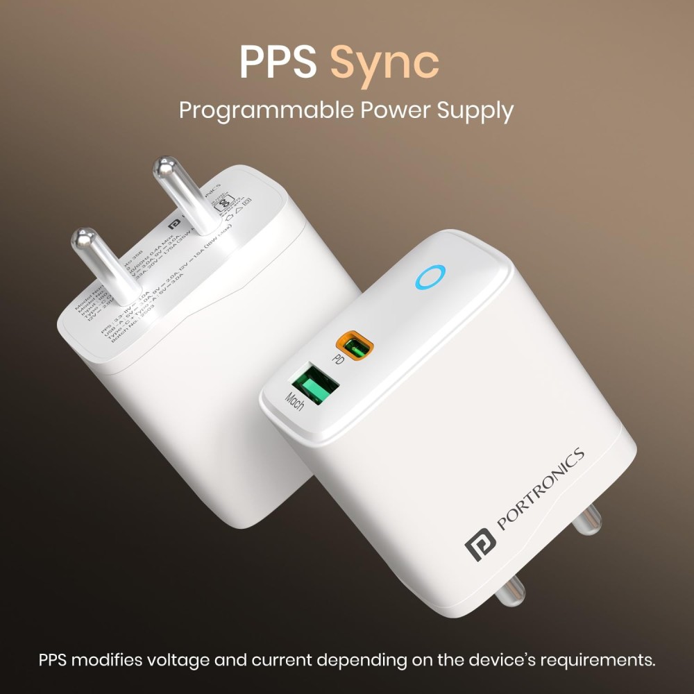 Portronics Adapto 35B 35W Dual Port Fast Charging Adapter | USB-C PD + USB-A PPS Charger for iPhone, Samsung & Android - (White)