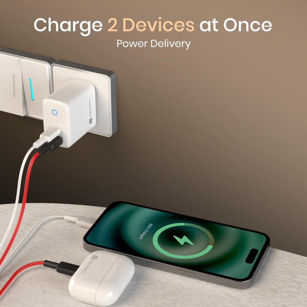 Portronics Adapto 35B 35W Dual Port Fast Charging Adapter | USB-C PD + USB-A PPS Charger for iPhone, Samsung & Android - (White)