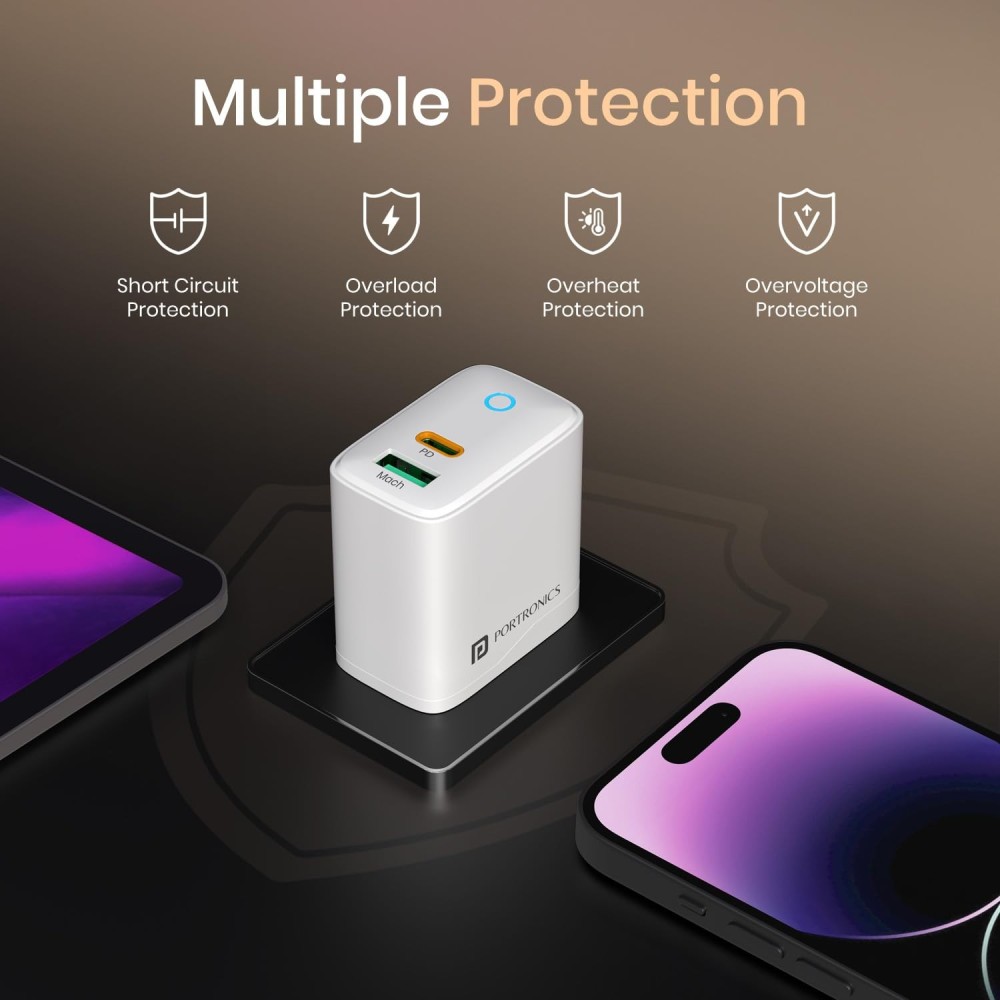 Portronics Adapto 35B 35W Dual Port Fast Charging Adapter | USB-C PD + USB-A PPS Charger for iPhone, Samsung & Android - (White)