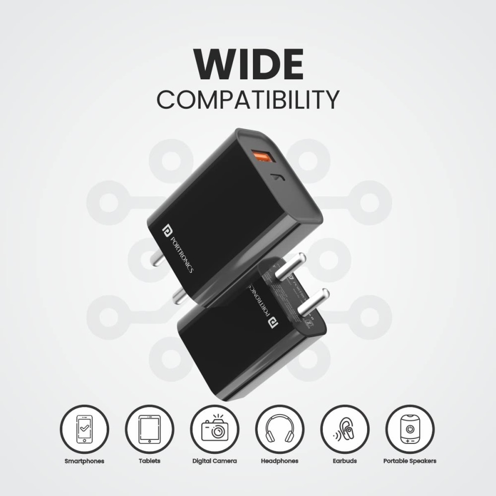 Portronics Adapto 45 22.5W Fast Charger Adapter with Dual USB-A & USB-C PD Port | Mobile Charger with Short Circuit Protection - (Black)