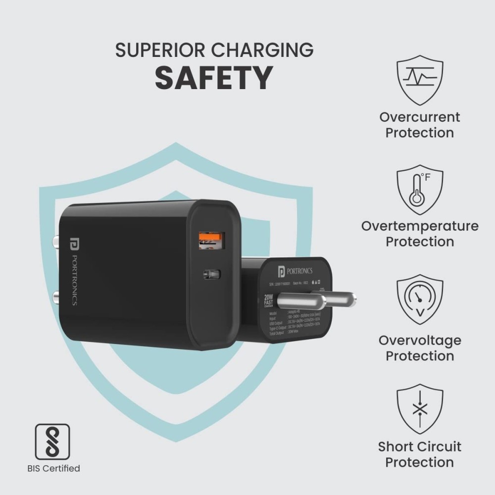Portronics Adapto 45 22.5W Fast Charger Adapter with Dual USB-A & USB-C PD Port | Mobile Charger with Short Circuit Protection - (Black)