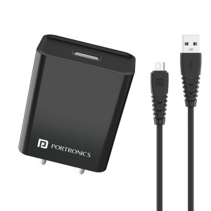 Portronics Adapto 62 M 12W 2.4A Fast Wall Charger with 1M Micro USB Cable, Single USB Charging Adapter for iPhone, iPad & Android Smartphones - (Black)