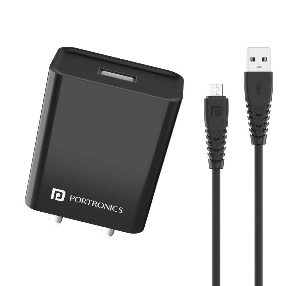 Portronics Adapto 62 M 12W 2.4A Fast Wall Charger with 1M Micro USB Cable, Single USB Charging Adapter for iPhone, iPad & Android Smartphones - (Black)