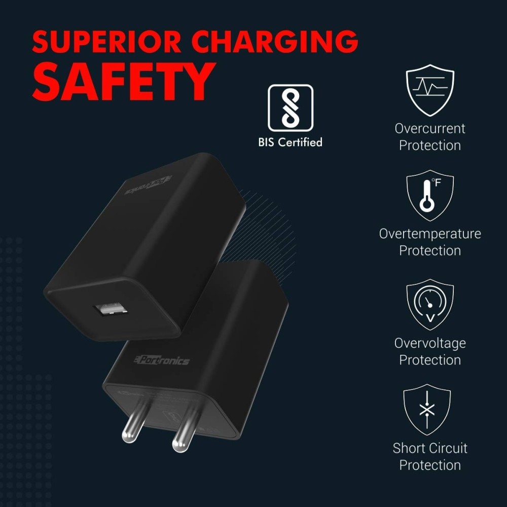 Portronics Adapto 62 M 12W 2.4A Fast Wall Charger with 1M Micro USB Cable, Single USB Charging Adapter for iPhone, iPad & Android Smartphones - (Black)