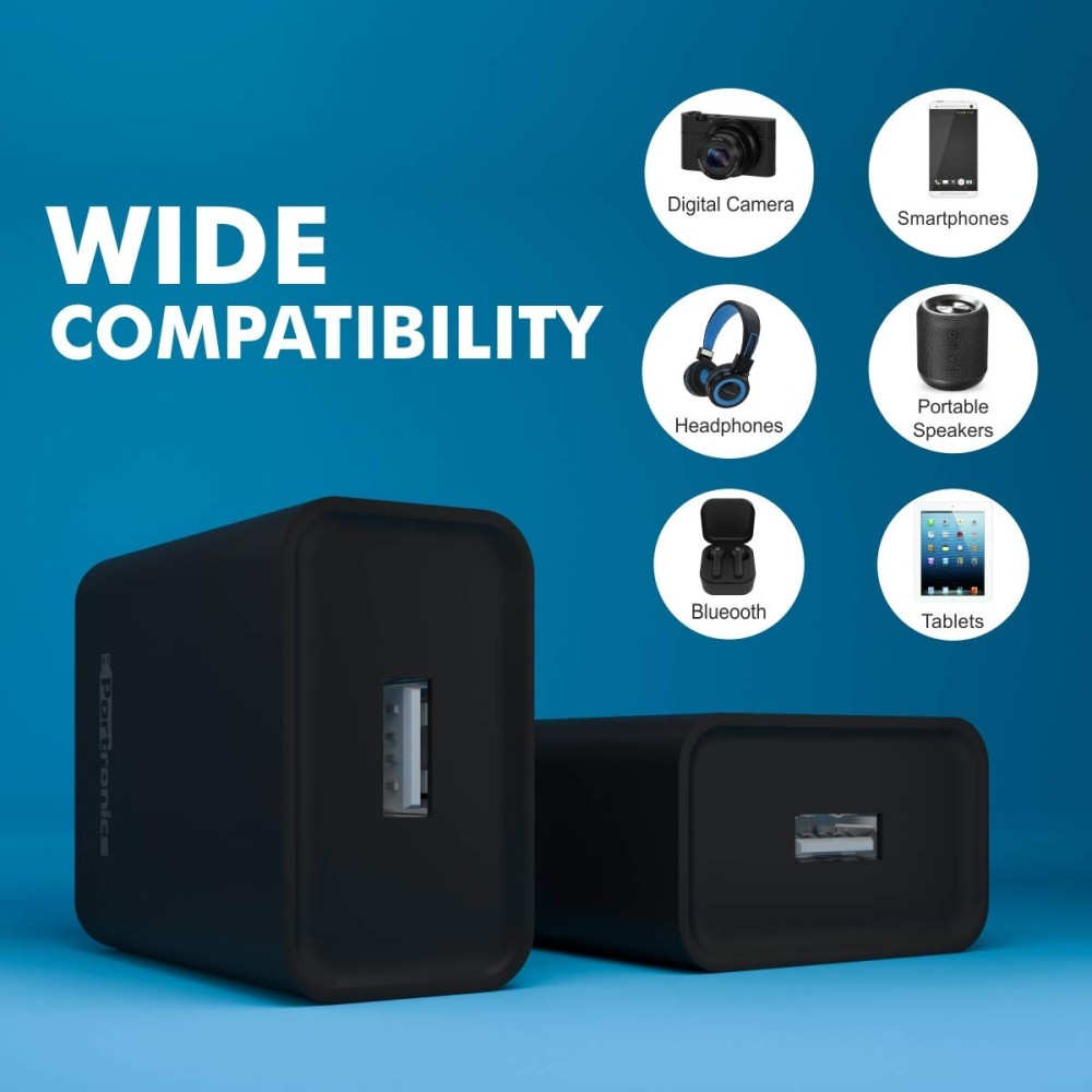 Portronics Adapto 62 M 12W 2.4A Fast Wall Charger with 1M Micro USB Cable, Single USB Charging Adapter for iPhone, iPad & Android Smartphones - (Black)