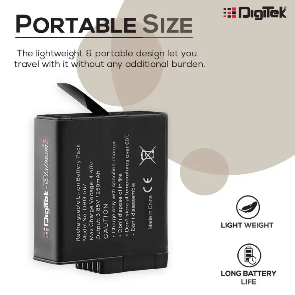 Digitek® Platinum (DBG 567 Go Pro) Rechargeable Battery | Compatible with Hero-5, Hero-6, Hero-7, Hero-2018 | Capacity 1250mAh (DBG 567)