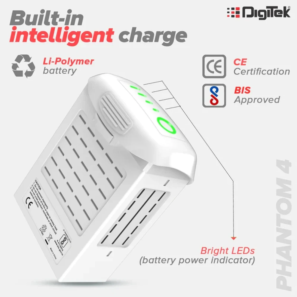 Digitek® (DJI Phantom 4) Lithium-ion Rechargeable Battery with LED Indicator and Smart IC | Compatible with Phantom 4 Series Drones, up to 28 Minute Flying time