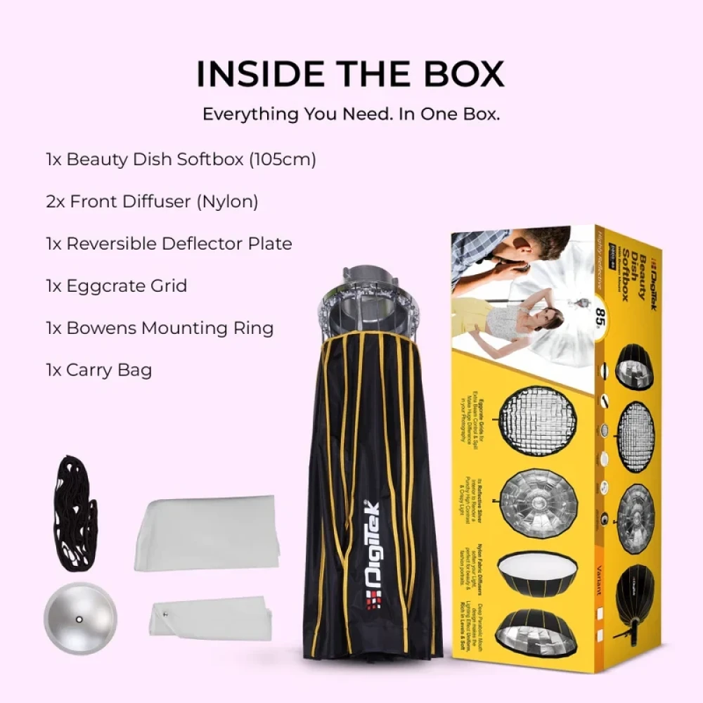 Digitek® DBDS 105W 105cm Beauty Dish Softbox (White), Collapsible, Transportable, Lightweight Bowen Mount for Photography & Studio Lighting with Removable Diffuser