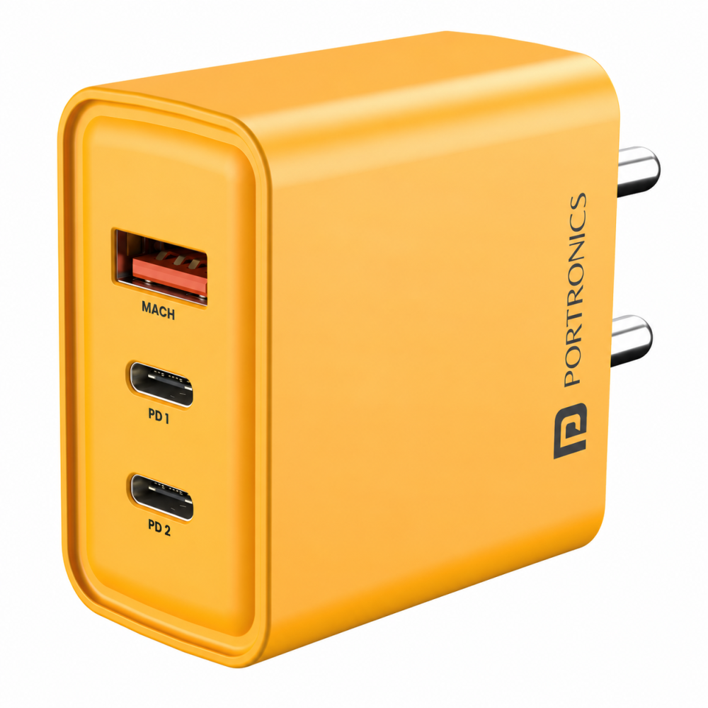 Portronics Adapto 65M 65W Triple Port Fast Charging Adapter with 2 USB-C PD & USB-A, Laptop Charger for MacBook, iPad, Smartphones & Tablets – (Yellow)
