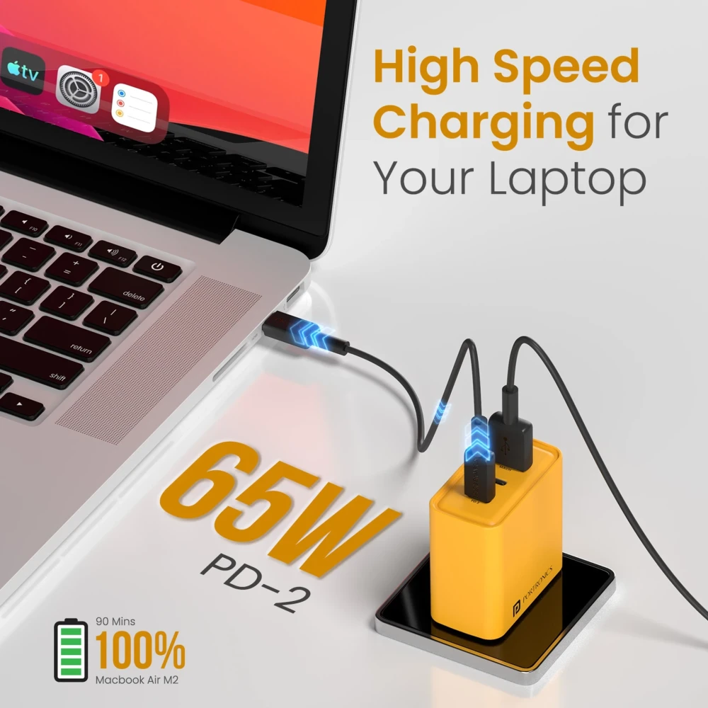 Portronics Adapto 65M 65W Triple Port Fast Charging Adapter with 2 USB-C PD & USB-A, Laptop Charger for MacBook, iPad, Smartphones & Tablets – (Yellow)