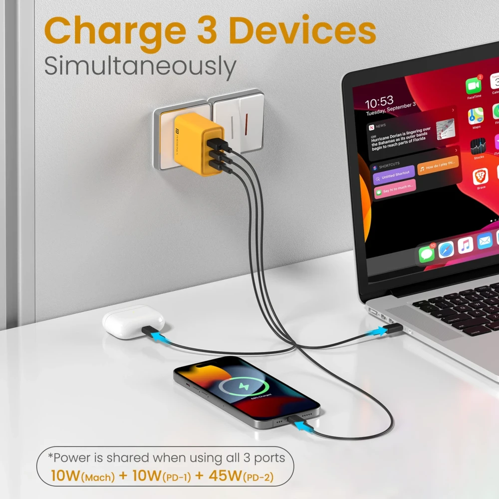 Portronics Adapto 65M 65W Triple Port Fast Charging Adapter with 2 USB-C PD & USB-A, Laptop Charger for MacBook, iPad, Smartphones & Tablets – (Yellow)