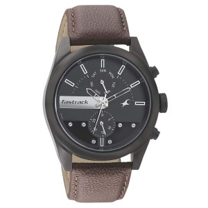 Fastrack Men All Nighters Quartz Multifunction Black Dial Brown Leather Strap Watch for Guys - NT3165NL01