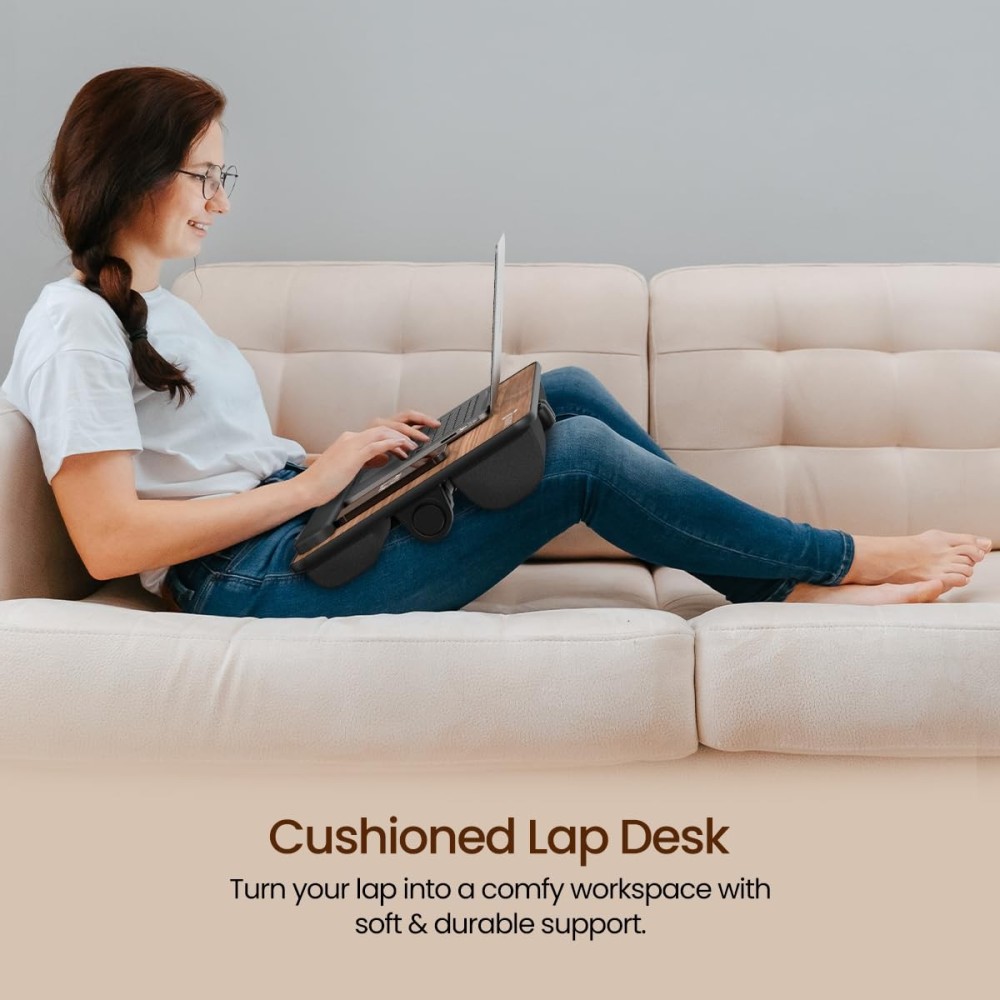 Portronics My Buddy Z Multipurpose Foldable Laptop Table with Soft Thigh Support Adjustable Height and Angle Foldable Aluminium Legs for Bed Study and Breakfast Table - (Brown)