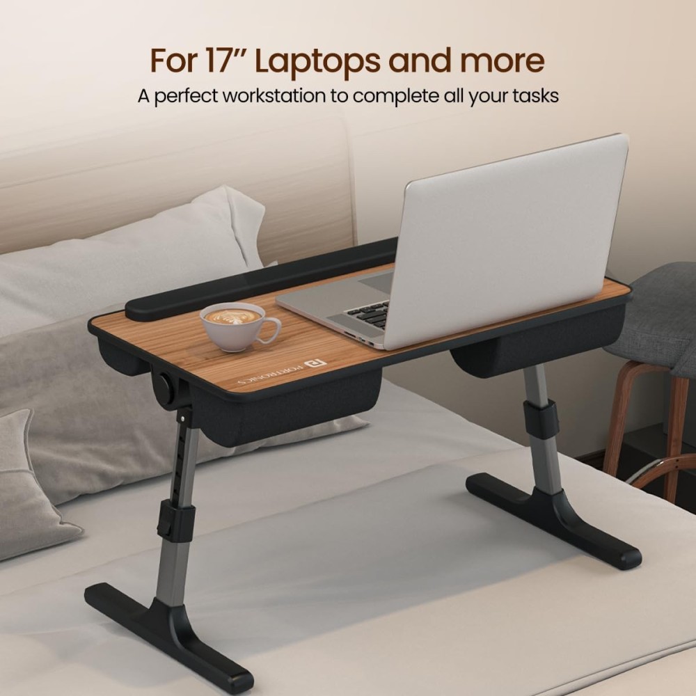 Portronics My Buddy Z Multipurpose Foldable Laptop Table with Soft Thigh Support Adjustable Height and Angle Foldable Aluminium Legs for Bed Study and Breakfast Table - (Brown)