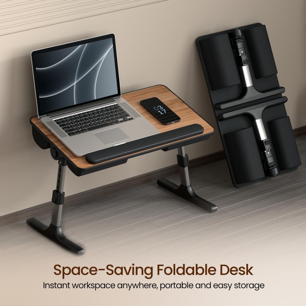 Portronics My Buddy Z Multipurpose Foldable Laptop Table with Soft Thigh Support Adjustable Height and Angle Foldable Aluminium Legs for Bed Study and Breakfast Table - (Brown)