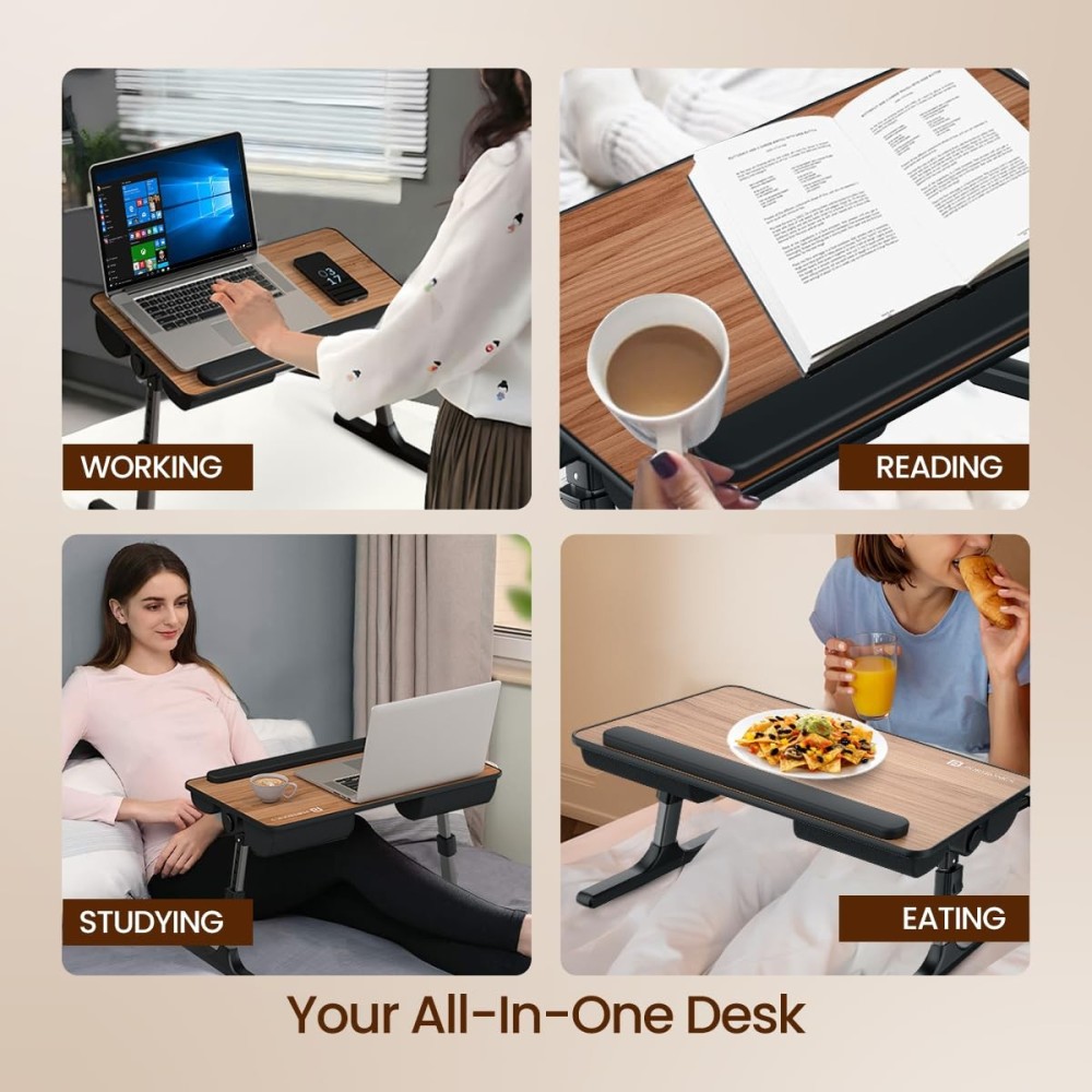 Portronics My Buddy Z Multipurpose Foldable Laptop Table with Soft Thigh Support Adjustable Height and Angle Foldable Aluminium Legs for Bed Study and Breakfast Table - (Brown)
