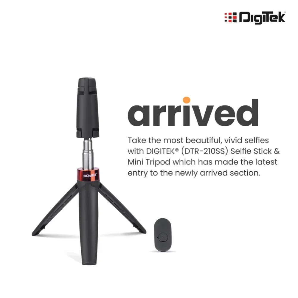 Digitek (DTR 210SS) 68cm Portable Selfie Stick with Wireless Remote, 3 Legs Tripod Base, Rubberized Feet, 1 Kg Max Weight Load, 360° Rotation, Compatible with All Smartphones Photography, Vid
