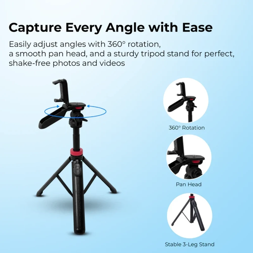 Digitek (DTR 565 SS) Tripod Selfie Stick with Wireless Remote, 360° Rotation, 7-Section Aluminum Rod, 1450mm Max Height, 3kg Load, GoPro Adapter – Compatible with Phone & Action Cameras