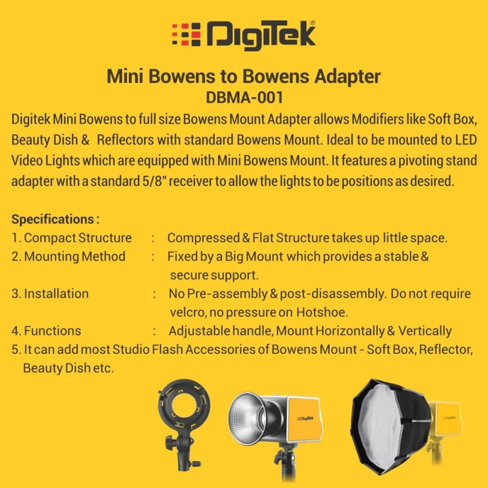 Digitek® (DBMA 001) Mini Bowens to Full Size Bowens Mount Adapter Allows Modifiers Like Soft Box, Beauty Dish & Reflectors with Standard Bowens Mount