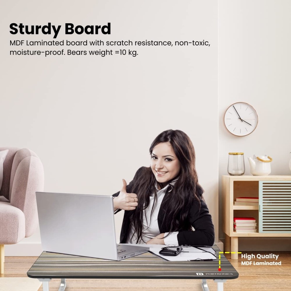 Portronics My Buddy J Foldable Laptop Table for Up to 17 Inch Laptops | Portable Adjustable MDF Laptop Stand with Aluminium Legs & Anti-Skid Grip - (Brown)