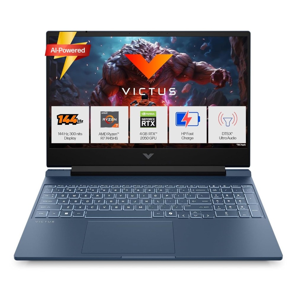 HP Victus Gaming Laptop with AMD Ryzen 7 7445HS, 16GB DDR5 RAM, 512GB SSD, NVIDIA GeForce RTX 2050 4GB Graphics, 15.6-inch FHD 144Hz IPS 300-Nits Display, Backlit Keyboard, Windows 11 (FB3189AX) – (Blue)