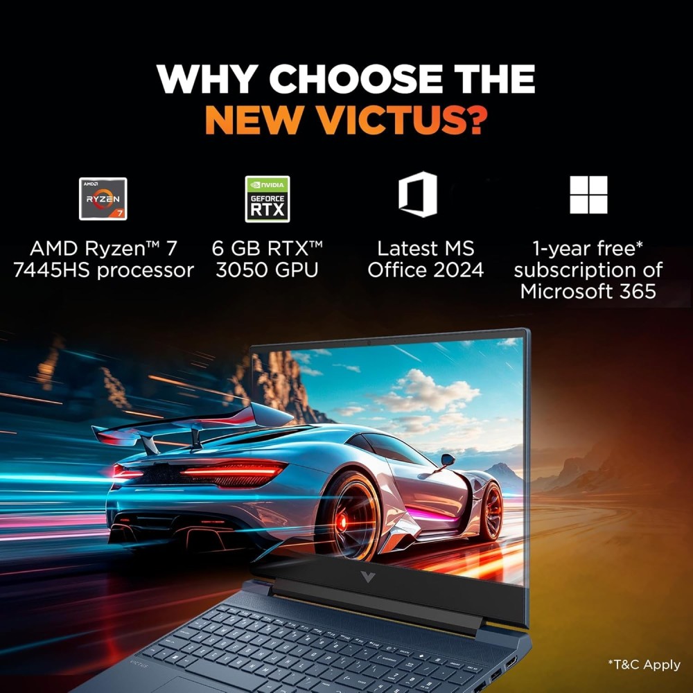 HP Smartchoice Victus Gaming Laptop with AMD Ryzen 7 7445HS, NVIDIA GeForce RTX 3050 6GB Graphics, 16GB DDR5 RAM, 512GB SSD, 15.6-inch FHD 144Hz Display, Windows 11 & Microsoft Office (fb3134AX/3120AX) – (Blue)