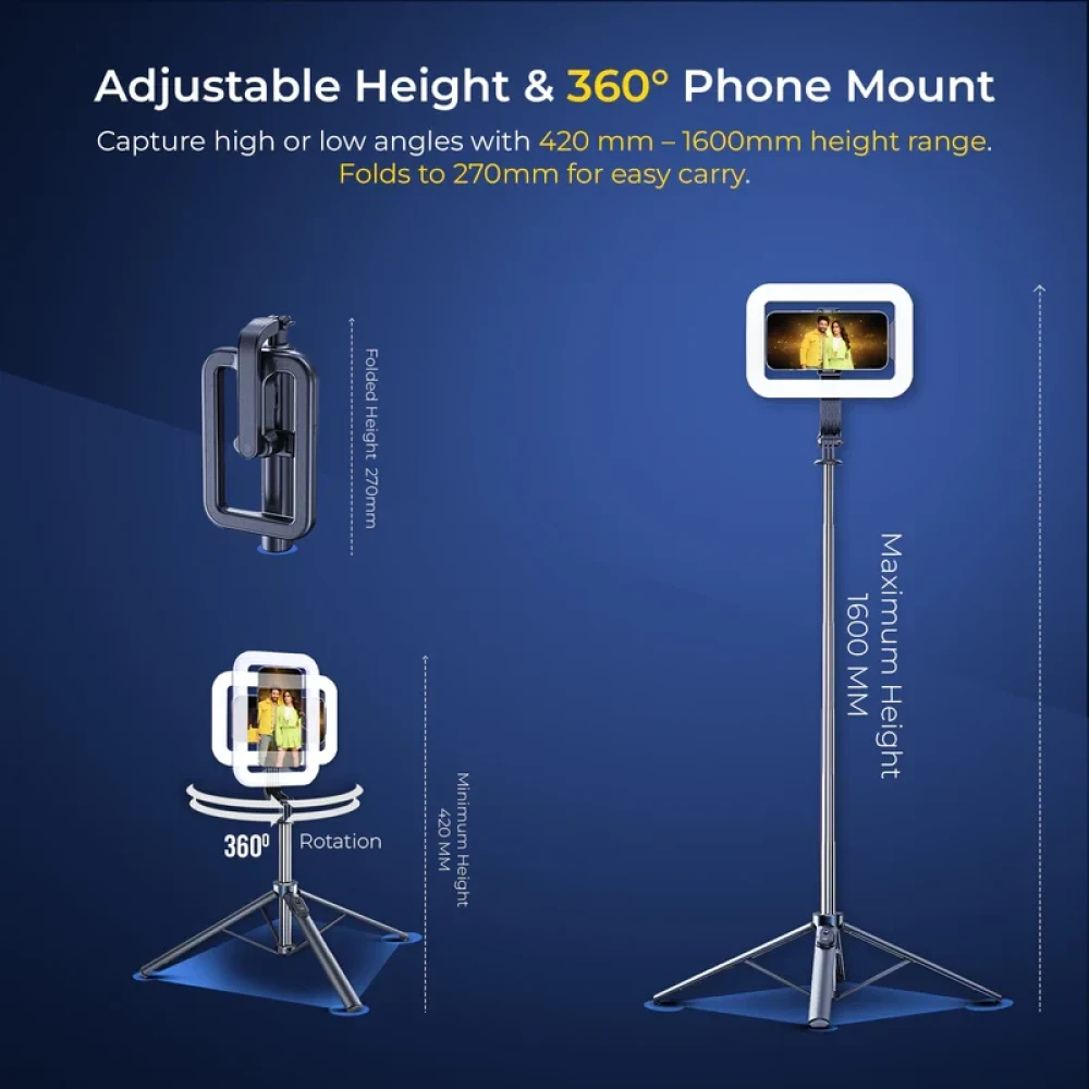 Digitek (DTR 630 SS) Extendable Tripod Selfie Stick with Fill Light, Quadpod Base, Wireless Remote, 5.25ft Max Height, 6-Section Telescopic Rod, 360° Rotation, 1Kg Load, Compatible with Andro