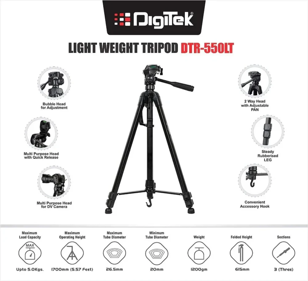 Digitek (DTR 550 LT) (65 Inch) Lightweight Tripod (Maximum Load up to 5kg), 5.57 Feet Tall for Digital SLR & Video Cameras, Made Aluminium Material