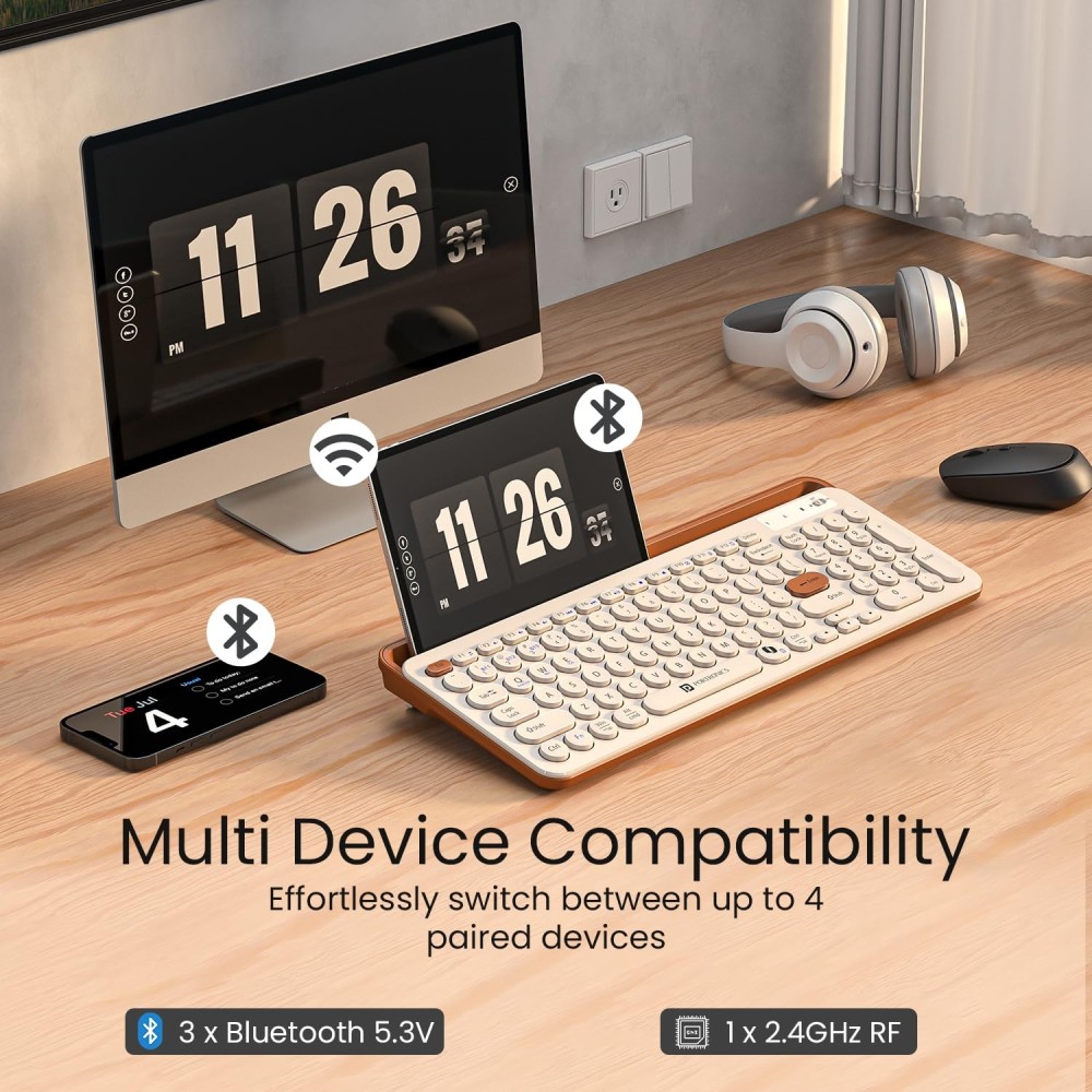 Portronics Bubble 3.0 Wireless Keyboard with Bluetooth & 2.4GHz USB Receiver, Rechargeable Multi-Device Keyboard with Multimedia Hotkeys & Numpad for Laptop, PC, Tablet & Smartphone – (Beige)