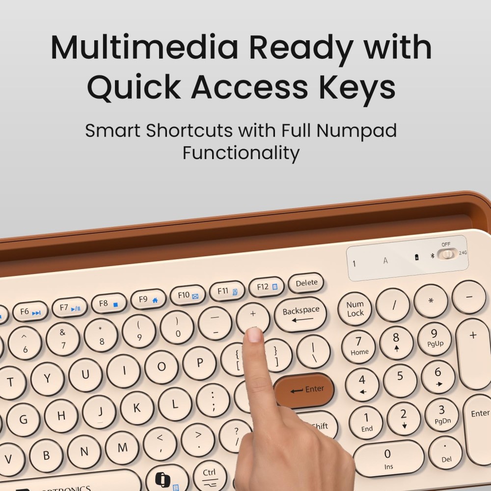 Portronics Bubble 3.0 Wireless Keyboard with Bluetooth & 2.4GHz USB Receiver, Rechargeable Multi-Device Keyboard with Multimedia Hotkeys & Numpad for Laptop, PC, Tablet & Smartphone – (Beige)