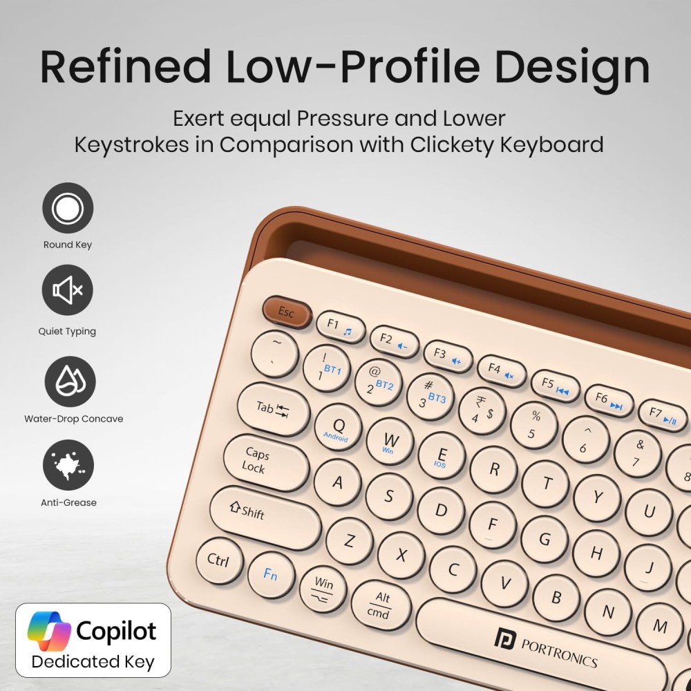 Portronics Bubble 3.0 Wireless Keyboard with Bluetooth & 2.4GHz USB Receiver, Rechargeable Multi-Device Keyboard with Multimedia Hotkeys & Numpad for Laptop, PC, Tablet & Smartphone – (Beige)