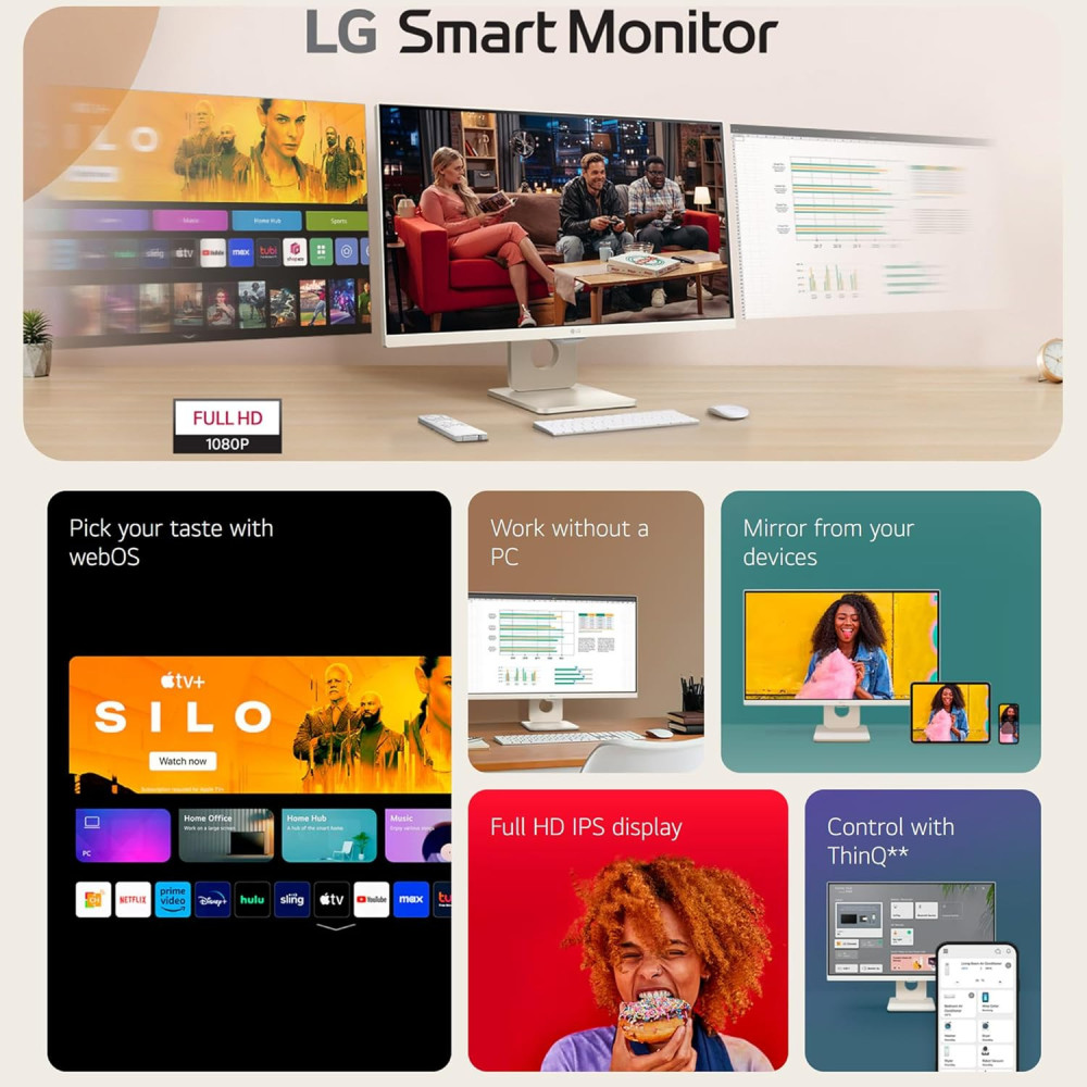 LG 25SR50F 25 Inch 62cm Full HD IPS Smart Monitor with webOS Wi-Fi Bluetooth Miracast AirPlay 2 Dual 5W Speakers HDMI USB-A Reader Mode 3-Side Virtually Borderless - (White)