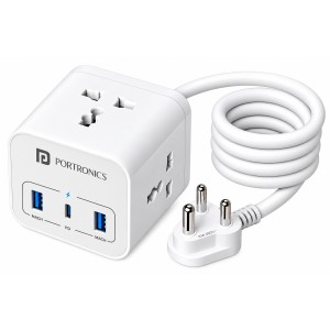 Portronics Volt 20 20W Smart Desktop Charger with 3 AC Sockets, Type-C PD, 2 USB Ports & 3M Copper Cable for Laptops, Smartphones & Tablets - (White)