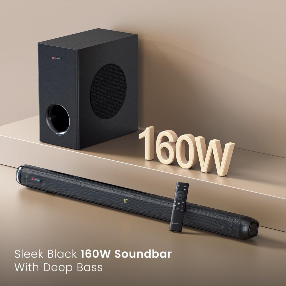Portronics Pure Sound 108 160W Bluetooth Soundbar with 6.5-Inch Subwoofer, 2.1 Channel Home Theatre, Deep Bass, 3D Sound Effect, 3 EQ Modes, Bluetooth 5.3, Remote Control & Wide Compatibility – (Black)