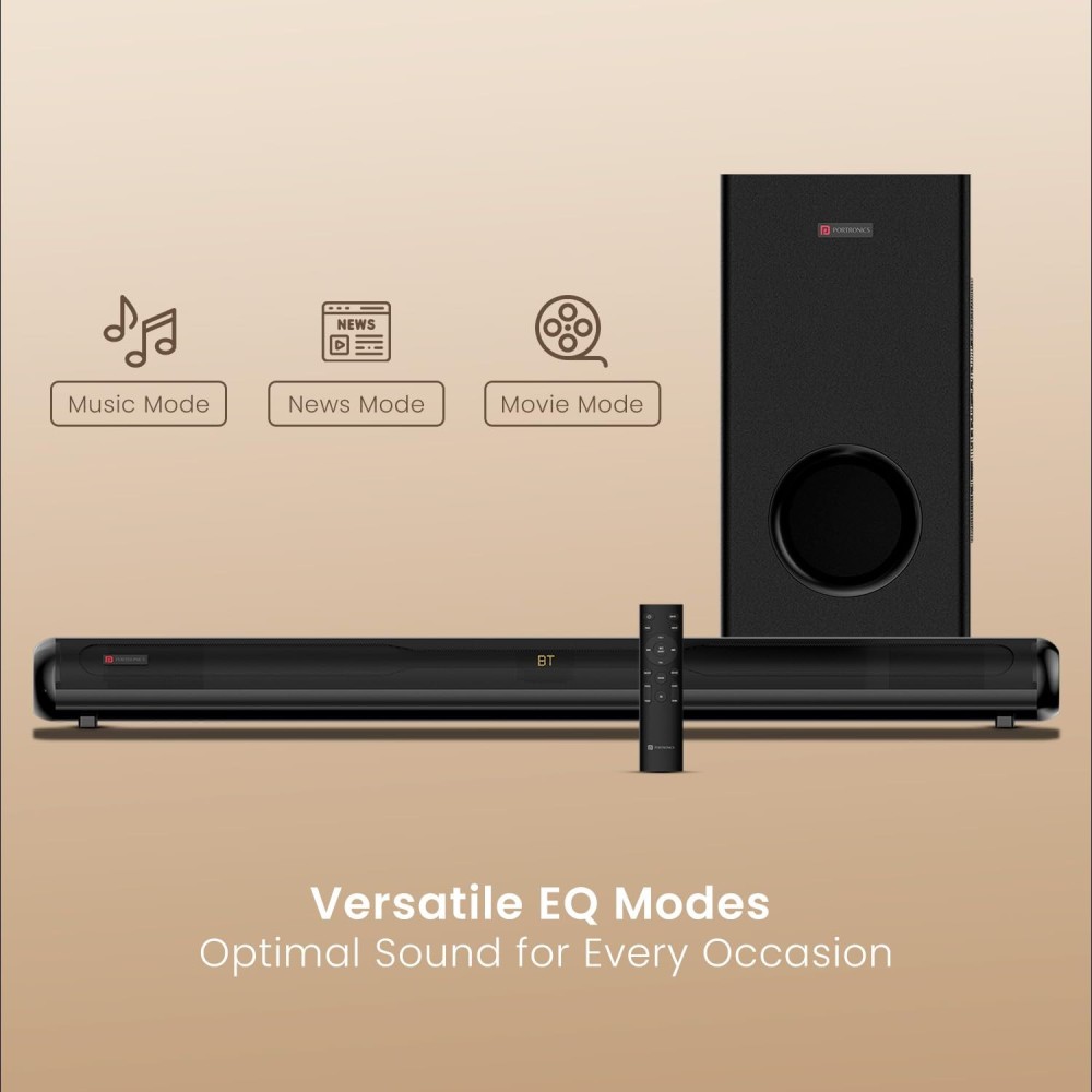 Portronics Pure Sound 108 160W Bluetooth Soundbar with 6.5-Inch Subwoofer, 2.1 Channel Home Theatre, Deep Bass, 3D Sound Effect, 3 EQ Modes, Bluetooth 5.3, Remote Control & Wide Compatibility – (Black)