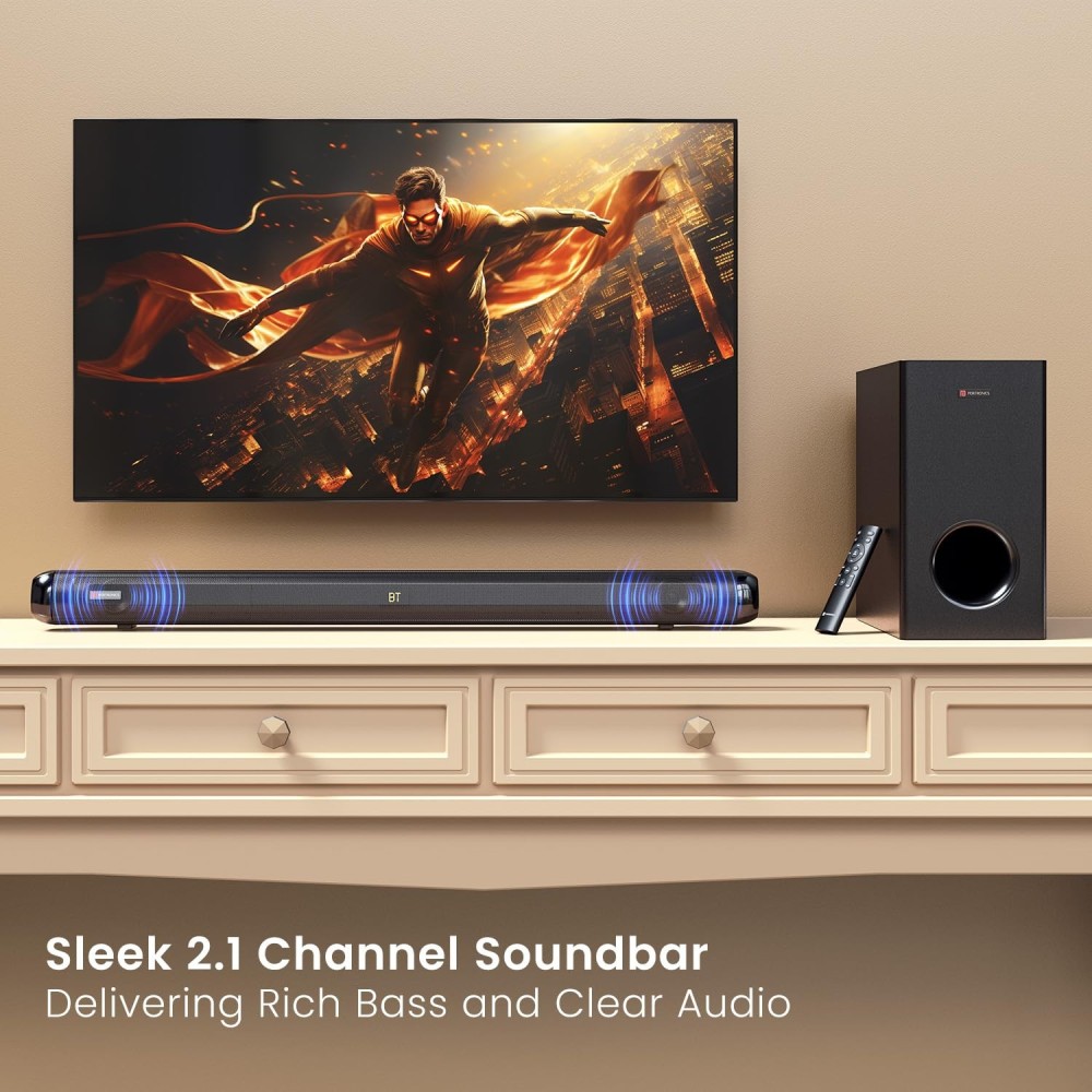 Portronics Pure Sound 108 160W Bluetooth Soundbar with 6.5-Inch Subwoofer, 2.1 Channel Home Theatre, Deep Bass, 3D Sound Effect, 3 EQ Modes, Bluetooth 5.3, Remote Control & Wide Compatibility – (Black)