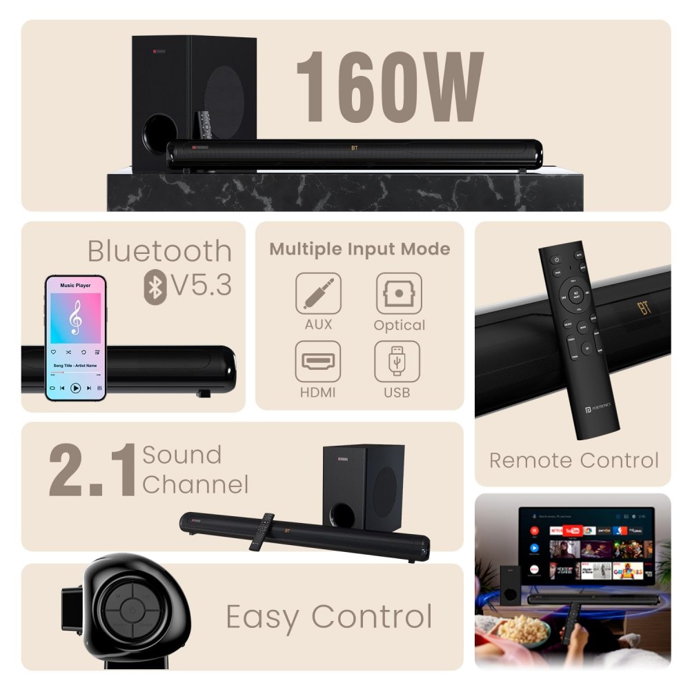 Portronics Pure Sound 108 160W Bluetooth Soundbar with 6.5-Inch Subwoofer, 2.1 Channel Home Theatre, Deep Bass, 3D Sound Effect, 3 EQ Modes, Bluetooth 5.3, Remote Control & Wide Compatibility – (Black)