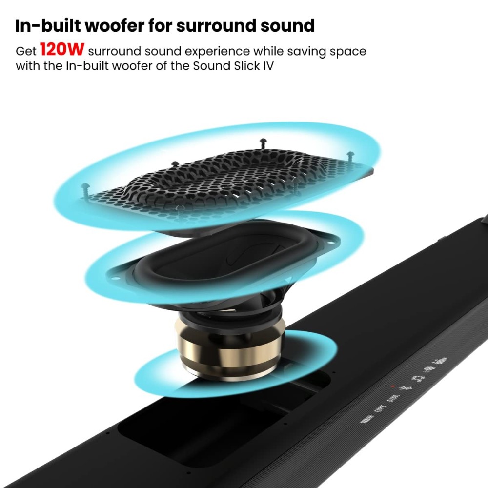 Portronics Sound Slick IV 120W Bluetooth Wireless Soundbar with Inbuilt Woofer, LED Display, 3.5mm Aux in, USB Pen Drive Input, Optical Input Port, Loud & Clear Sound(Black)